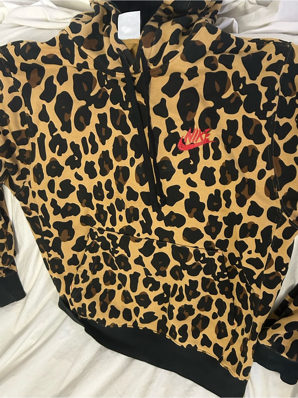 Nike Leopard Print Pullover Hoodie in Tan, Black with Red Logo - Picture 4 of 7